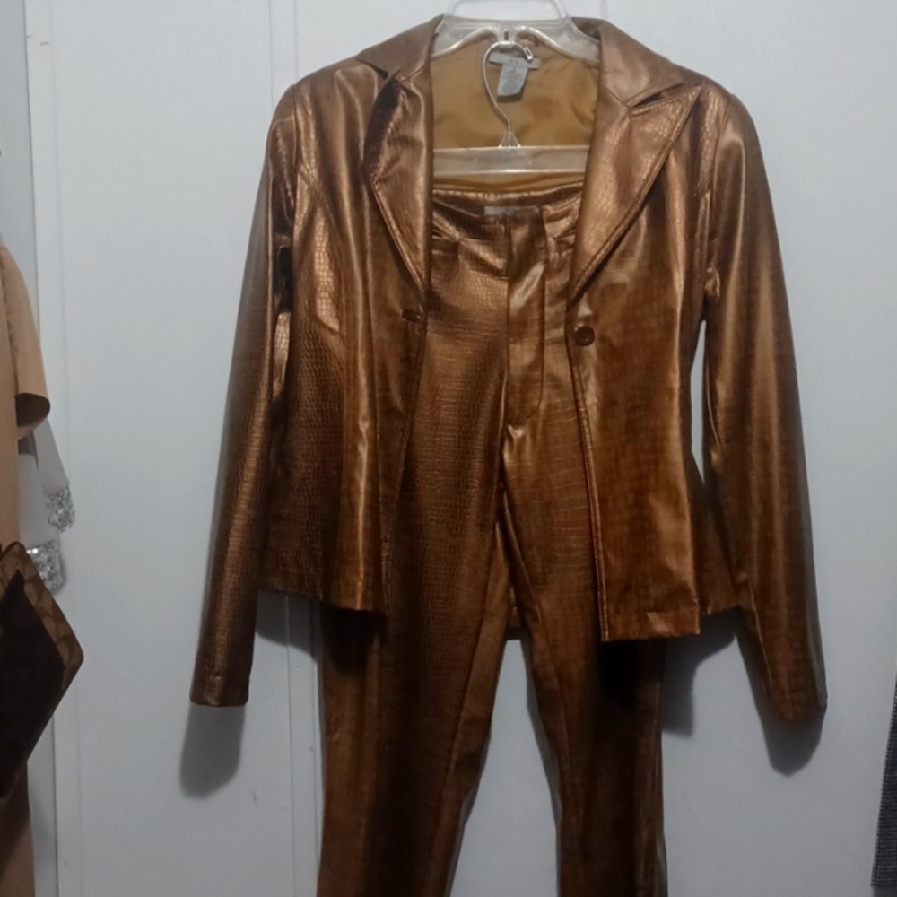 Oci women's small polyester gold-tan, imitation leather jacket and pant